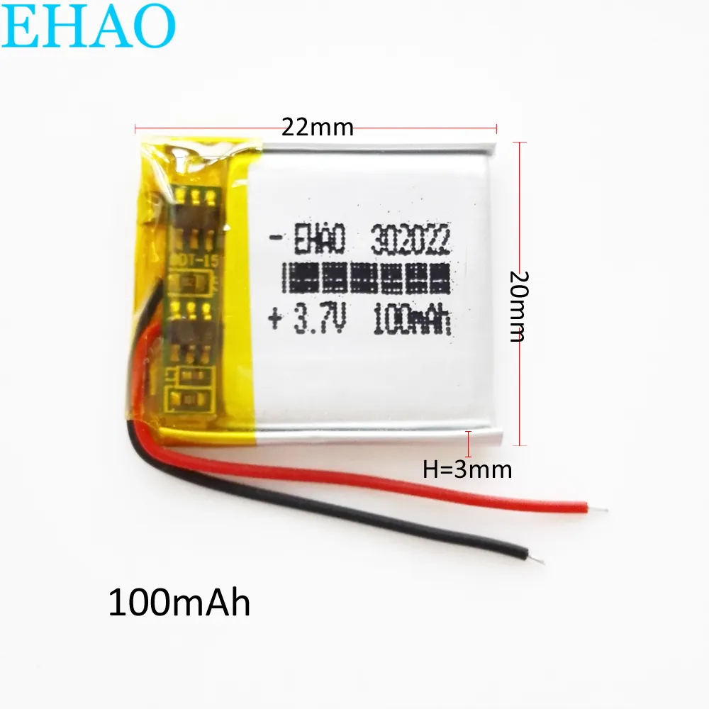 Modelo: 302022 100mAh 3.7V Lithium Polymer LiPo Rechargeable Battery cells Power For Mp3 Mp4 PAD DVD DIY E-books bluetooth headphone headset