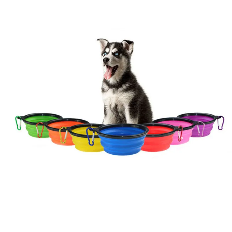 Silicone Fold Dog Bowls with Quickdraw Ring collapsible Portable Dog Tableware Feeders Diners Food Bowls Pet Supplies