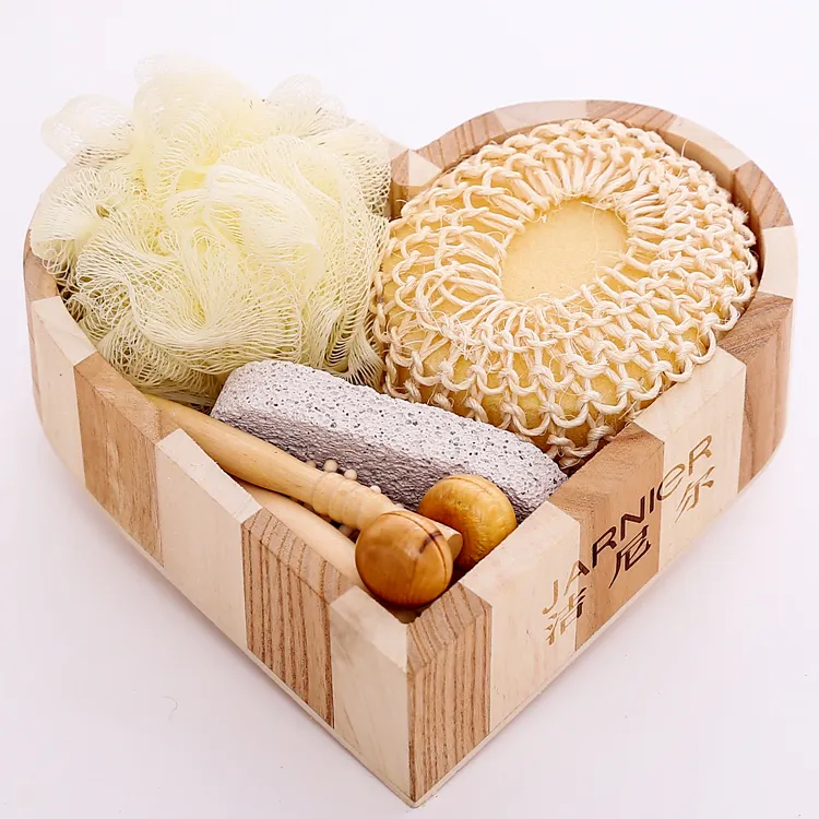 Promotionele hout hartvormige geschenkdoos 6 stks bad accessoire Sisal spons/kam Houten/ Massage Borstel/spa/Bad Gift lxj047