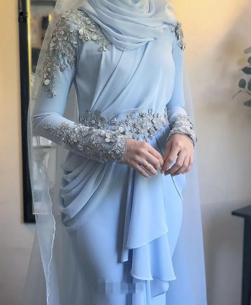Dubai Kaftan Arapça Uzun Kollu Resmi Modelleri 2020 Çiçek Boncuklu dantel şifon Açık Mavi Müslüman Abiye Giyim Abiye Gece Elbisesi