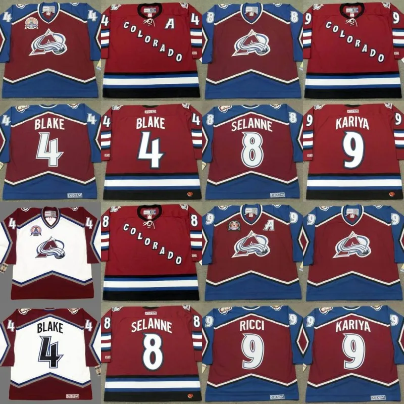 Camisa retrô Colorado Avalanche ROB BLAKE TEEMU SELANNE MIKE RICCI PAUL KARIYA OWEN NOLAN THEOREN FLEURY ALEX TANGUAY CHRIS DRURY Camisas de hóquei personalizadas