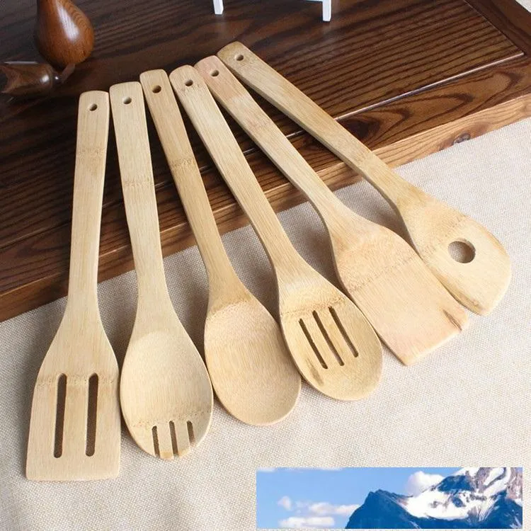 Hot Spatola cucchiaio di bambù 6 stili Utensile portatile in legno Utensili da cucina Tornitori con intaglio Supporto per miscelazione Pale T2I5803