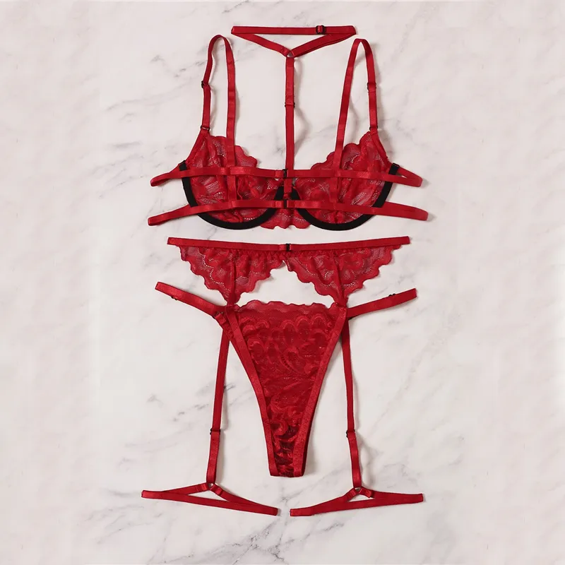 Bras Sets Aduloty Red Floral Lace Garter Lingerie Set With Choker