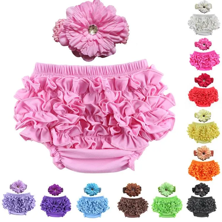 12 färg baby satin ruffle bloomers byxa nappy cover med huvudband spädbarn spets pp byxor toddler barn ruffled bomull underkläder bloomers