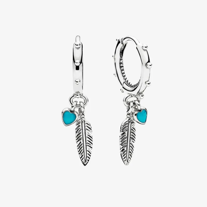 Blue Hearts Feather Hoop Oorbellen Vrouwen Meisjes Gift Sieraden voor Pandora 925 Sterling Zilveren Hanger Oorbel met originele doos