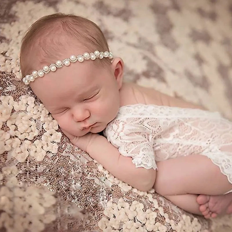 Новорожденный ребенок кружева Ромпер Baby Girl Cute Petti Rompers малышей Фото Одежда Soft Lace Bodysuits Алмазный Hairband HHA1451