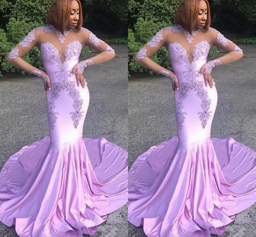 Nowy Lekki Purpurowy Z Długim Rękawem Syrenki Prom Dresses Sheer Neck Lace Aplikacja Frezowanie Zamiatowe Formalne Suknie Suknie Wieczór Party Suknie Nosić