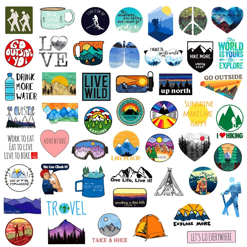 50Pcs Outdoor Hiking Camping Adventure Nature Stickers Pack Car Bike Luggage Sticker Laptop Skateboard Motor Water Bottle Decal