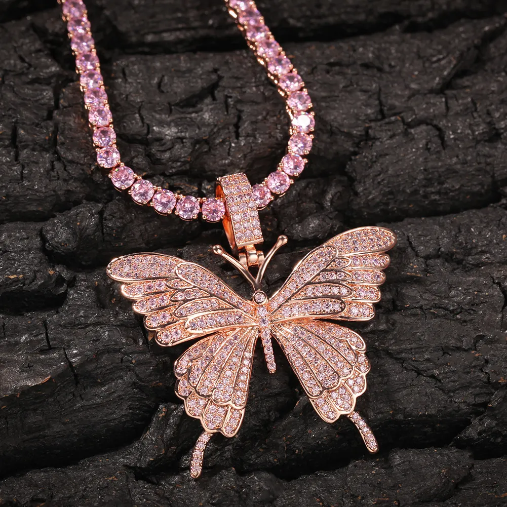 Mens Iced Out Jewelry Pink Butterfly Pendant: Bling Bling Hip Hop