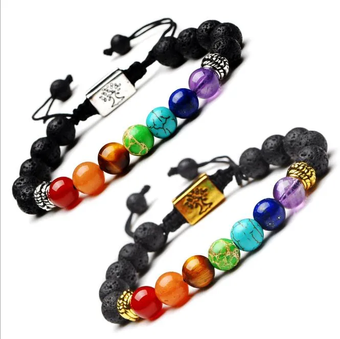 Yoga Handmade 7 Chakra árvore de vida Braceletes Lava Pedras Beads Corda Preto pedra vulcânica Pulseira GD413