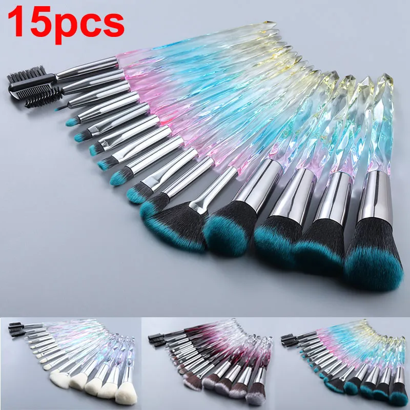 Makeup Brushes Set Crystal Handle 15pcs Colorful Diamond Cosmetic Kabuki Brushes Foundation Concealer Face Powder Eye Shadows Highlight Brush Kit For Make up