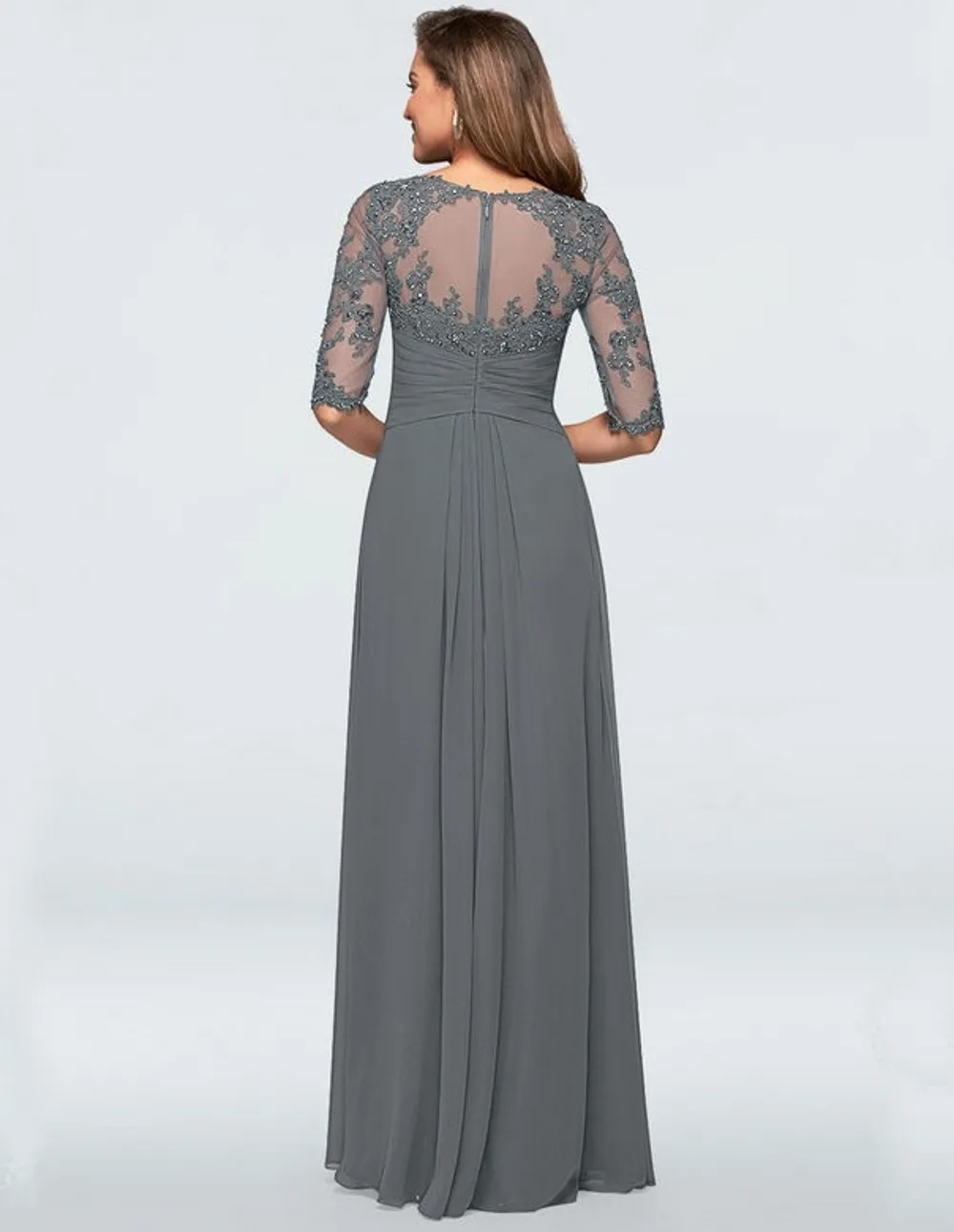 knee length dresses for ladies Grey Keyhole Back Floor Length Chiffon Pockets Bridesmaid Dress