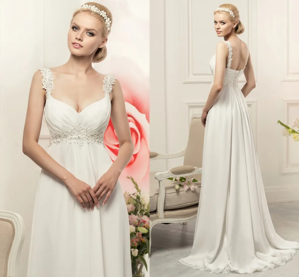 Simple Appliques Lace Spaghetti Straps Chiffon Bröllopsklänningar Elegant Bohemian Empire Bridal Gown White / Ivory Vestido de Novia 2020