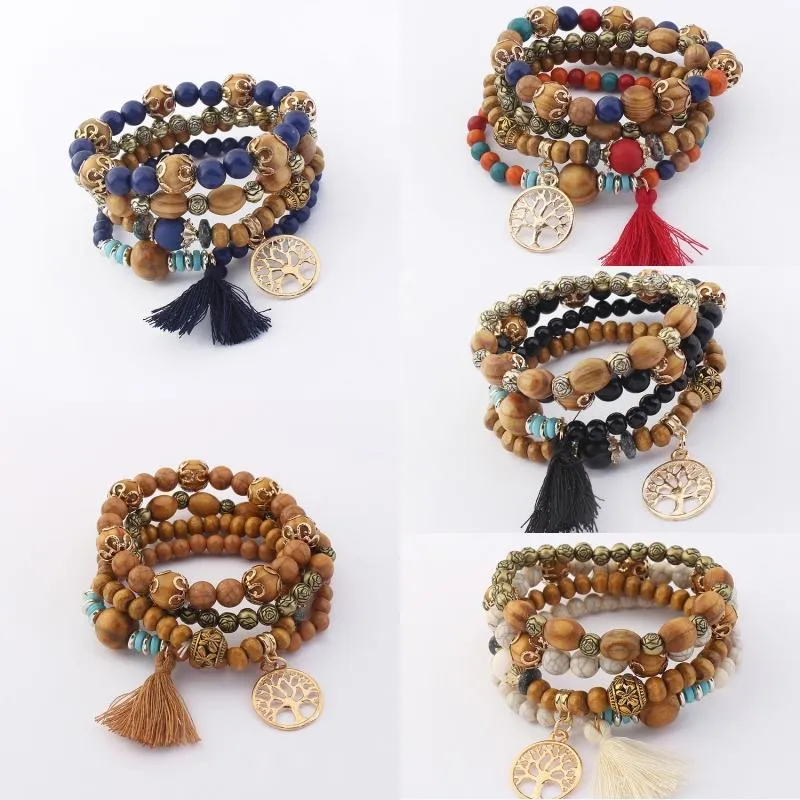 Shipping Tree of Life Tassel Pendant Armband 5 stilar Boho Multilayer Wood Bead Armband Charm Stretch Bangle Födelsedagspresent