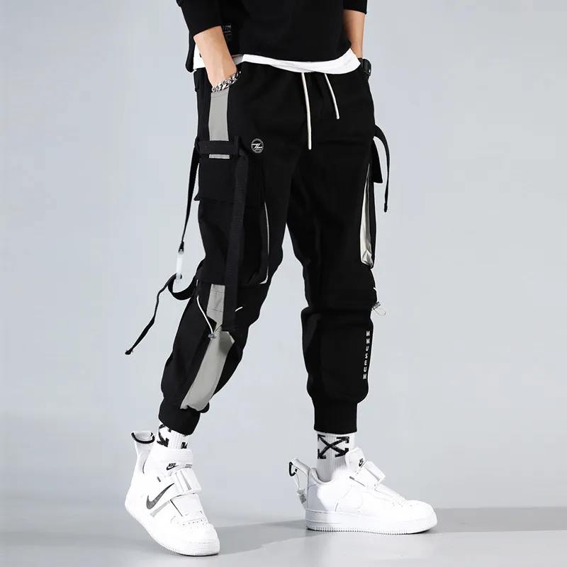 أزياء الرجال شرائط كتلة اللون الأسود جيب البضائع السراويل 2020 ركض Harajuku Sweatpant الهيب هوب بنطلون الرجال Sweatpants