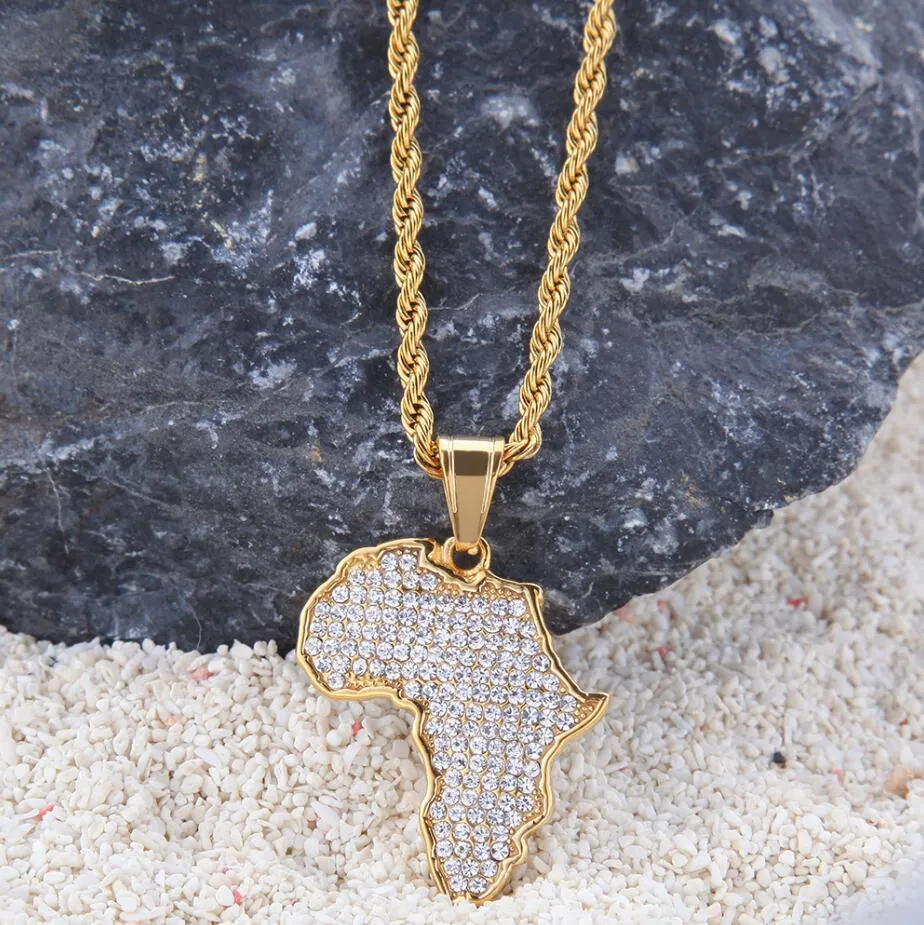 Hip Hop African Maps Full Drill Pendant Halsband 14kk Gold Plated Set Auger Crystal rostfritt stål halsband Mens kvinnor smycken G261V