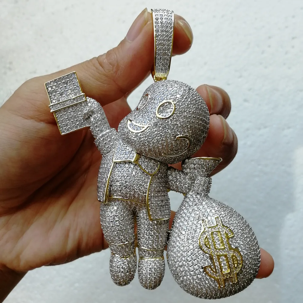 High Quality Brass CZ Stones Cartoon Money Bag Iced Out