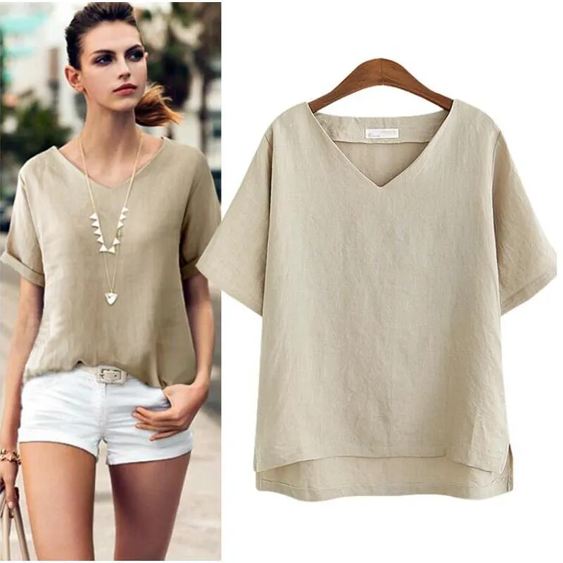 Womens Cotton Linen Short Sleeve Tops Ladies Summer Casual Loose T-Shirts  Blouse