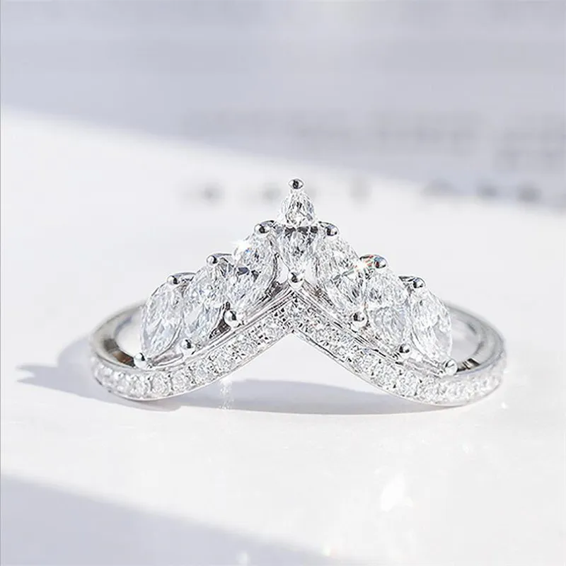 Size 6-10 Luxury Jewelry Real 925 Sterling Silver Crown Ring Full Marquise Cut White Topaz CZ Diamond Moissanite Women Wedding Band Ring