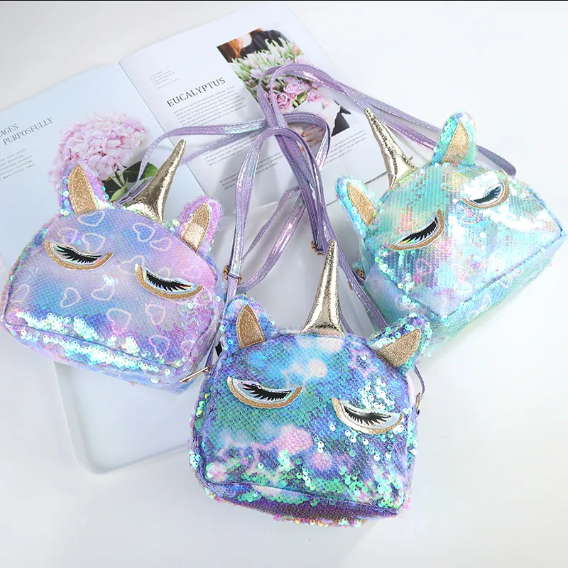 4 färger sequin handväska handväskor barn tecknad crossbody väska tjejer glitter söt handväska design färgbyte axelväskor m2399
