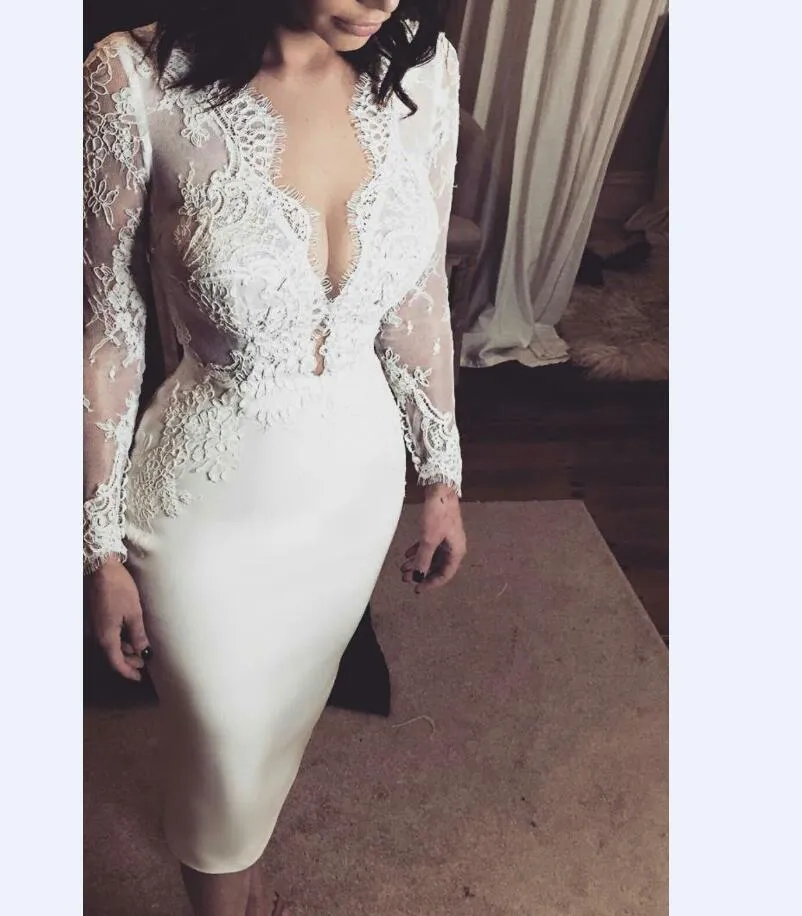 2021 New Lace Wedding Dresses Deep V Neck Long Sleeves Knee Leghth Satin Bridal Gowns Wedding Reception Dress Cheap 2522