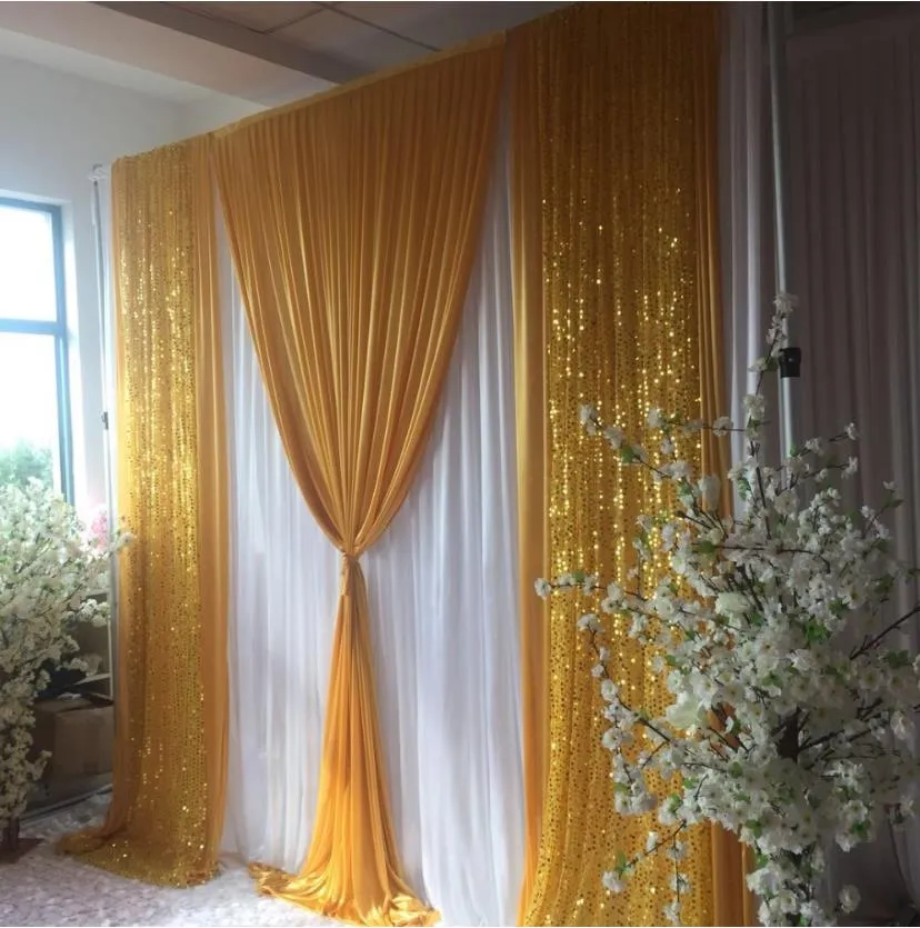 Rideau de fond de mariage luxueux 3m H x3mW rideau blanc avec drapé de paillettes de soie de glace dorée toile de fond décoration de fête de mariage254L