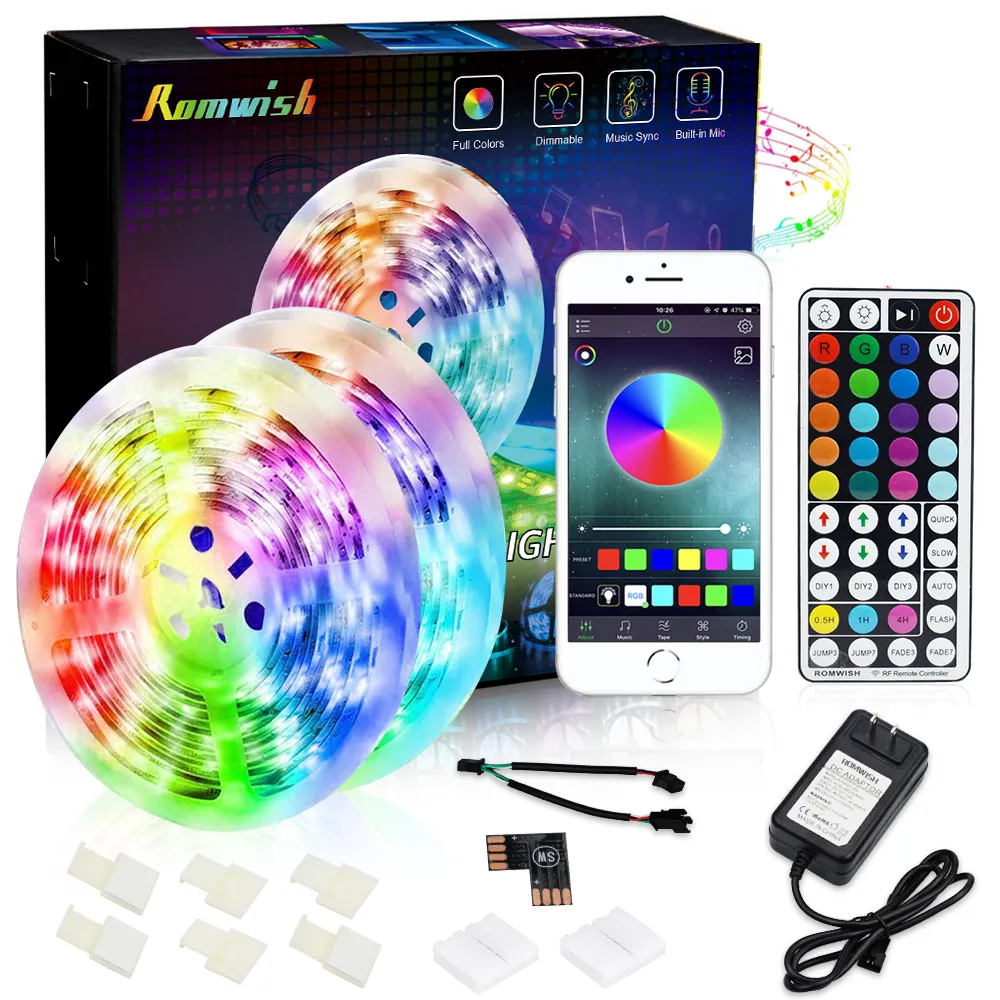 Lagerbestand in US-Einzelhandelsverpackung. SMD 5050 LED-Streifen, RGB-Leuchten, nicht wasserdicht, Bluetooth-App, 44 Tasten, RF-Fernbedienung, 12 V, 5 A-Stromversorgung