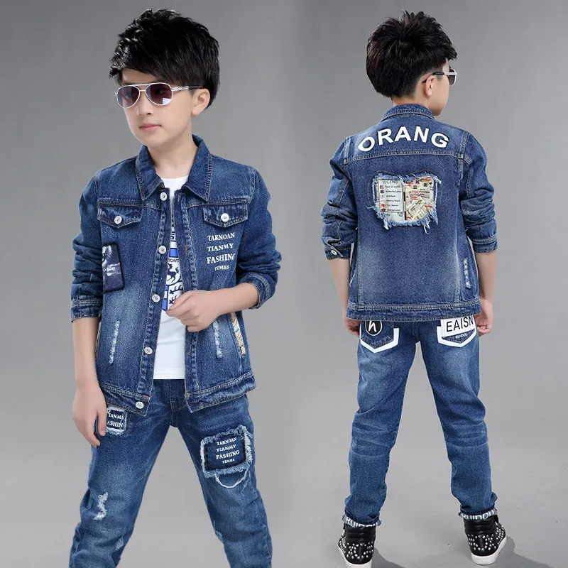 Fashion Teenage Boys Denim Deset herfst kinderen jeans jas en broek herfst baby jongens katoen sportpakken 10 12 jaar nieuw