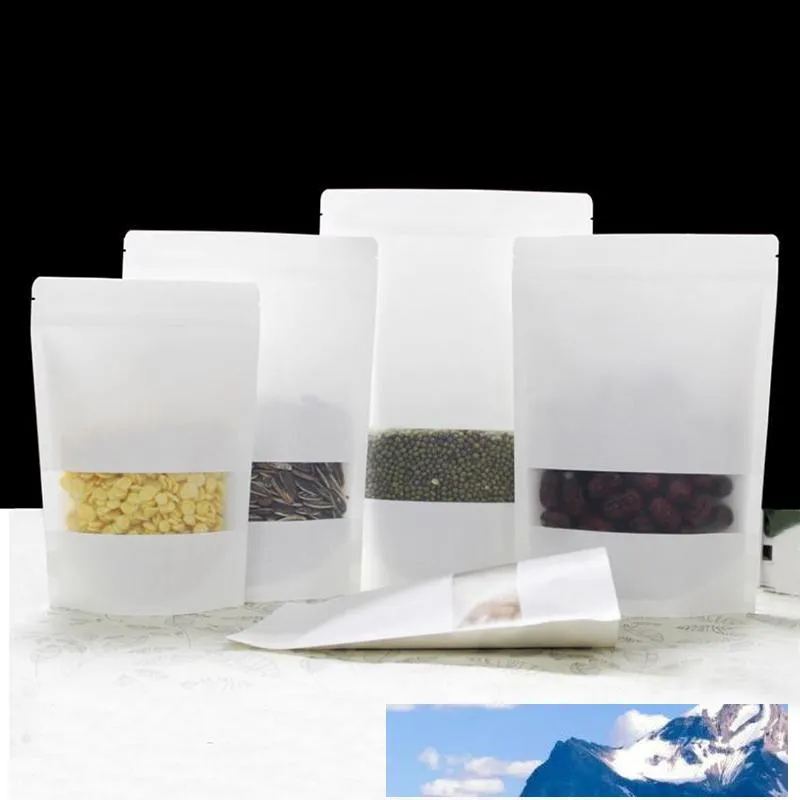 100 sztuk Biały Kraft Zamek Zip Wstrzymuje torebki worki spożywcze z oknem U-Notch i Matte do przechowywania nasion, przekąskę i orzechów