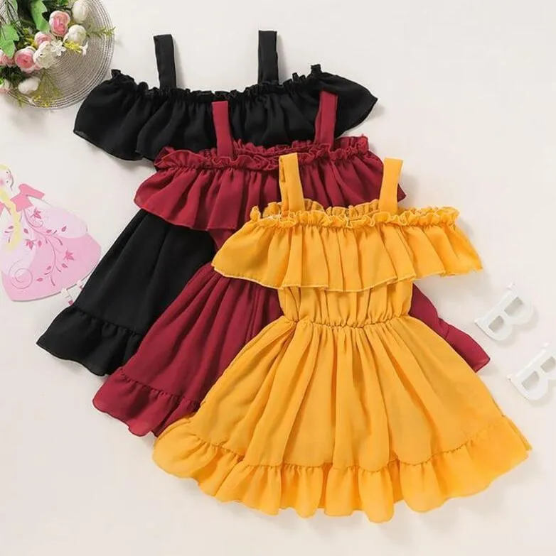 Roupa do bebê da menina Suspender Crianças Princess Dress Sólidos Ombro plissadas Crianças macacãozinho Off Meninas Vestidos Verão Kids Clothing LSK470