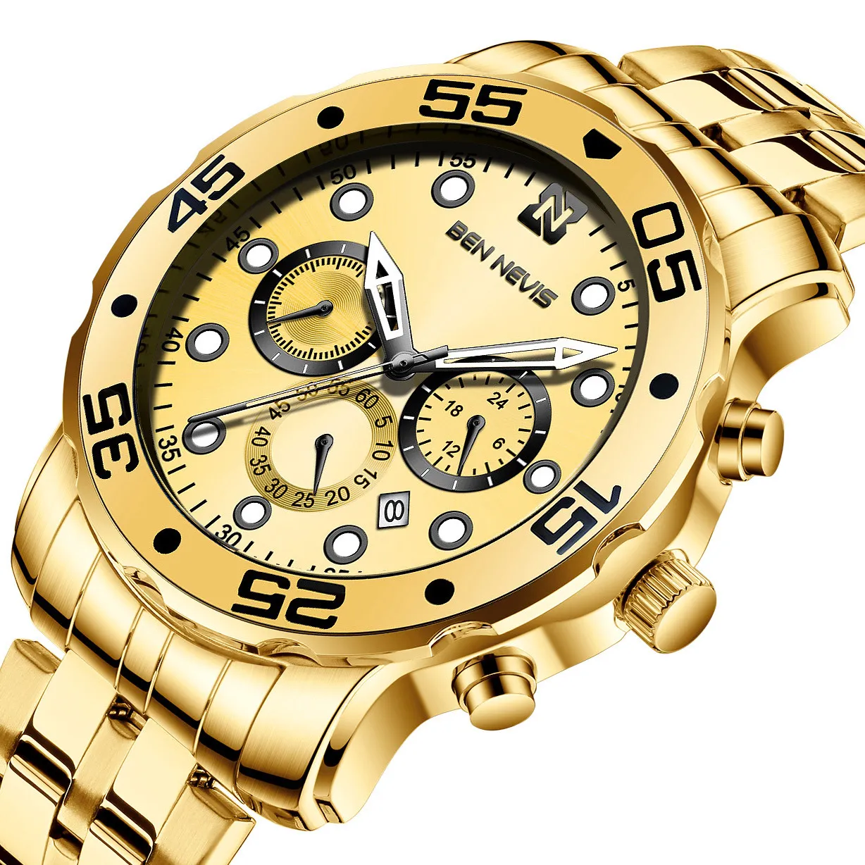 Utrikeshandel Gold Quartz Watch Multi-Function Tre-Eye Six-Pin Fashion Lysous Watch Män