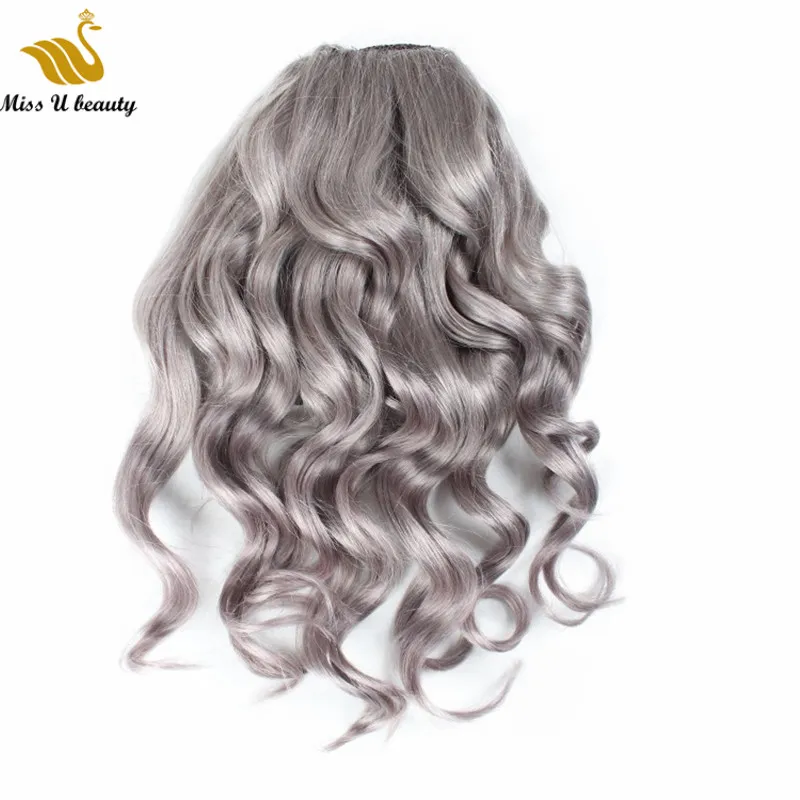Grey Clip-In Brazilian Human Hair Wavy Drawstring Ponytail  display picture 2