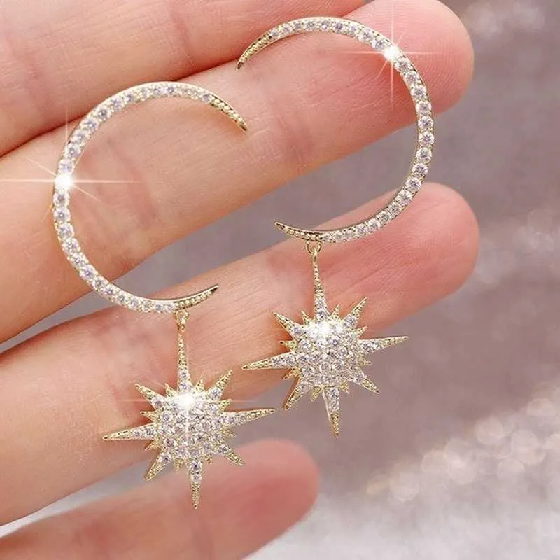 Heißer Verkauf Bohemian Nette Mond Stern Silber Farbe Gold Stud Ohrringe mit Zirkon Stein Mode Schmuck Koreanische Ohrringe 2020