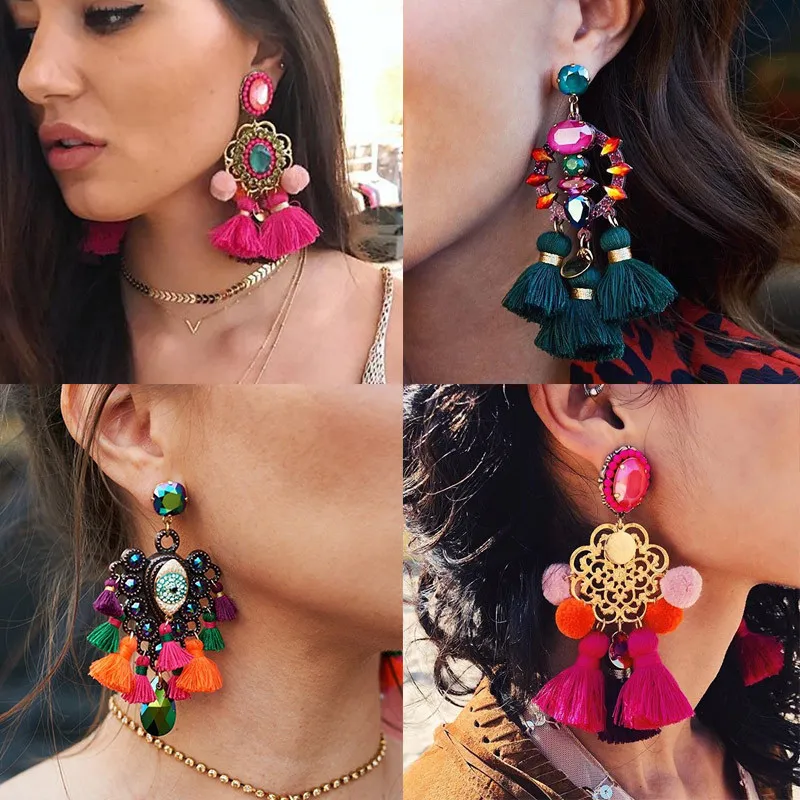 Boho Statement Jewelry Nappa lunga Grandi orecchini pendenti Orecchini pendenti in cristallo per donna 4 colori