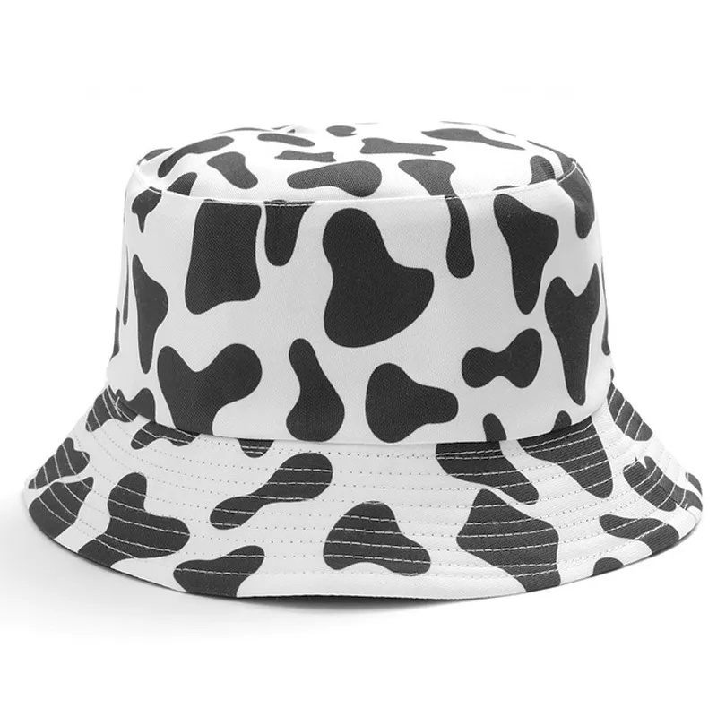 INS 귀여운 뒤집을 블랙 화이트 암소 인쇄 패턴 버킷 모자 남성 여성 여름 낚시 모자 두 개의 사이드 어부 캡 여행 파나마