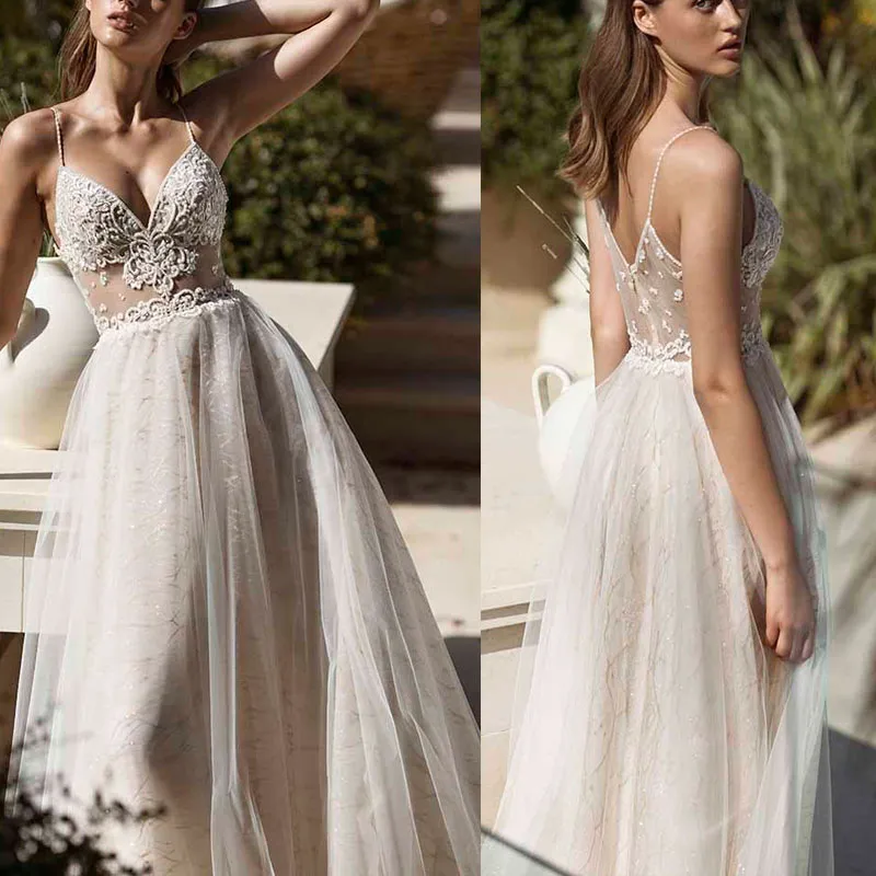 Beach Wedding Dresses Sleeveless A Line Bridal Gowns Plus Size Spaghetti Straps Beading Pearls Beads Lace Appliques