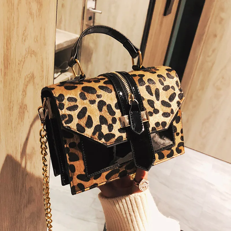 Designer- women's leopard PU leather shoulder bags lady solid black and burgundy crossbody chain handbags girl fashion sling bags