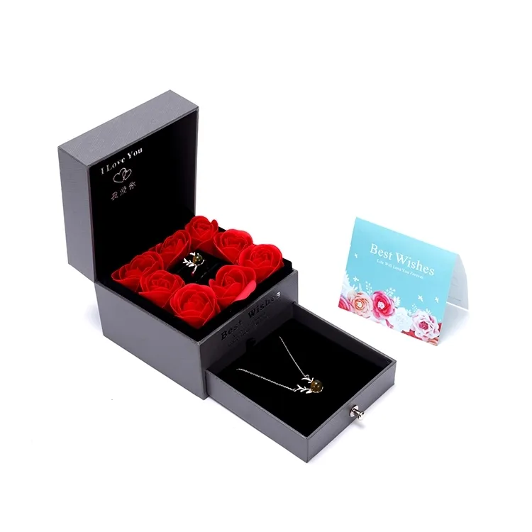 Vente en gros de haute qualité rose tiroir boîte papier bois bijoux collier coffret cadeau