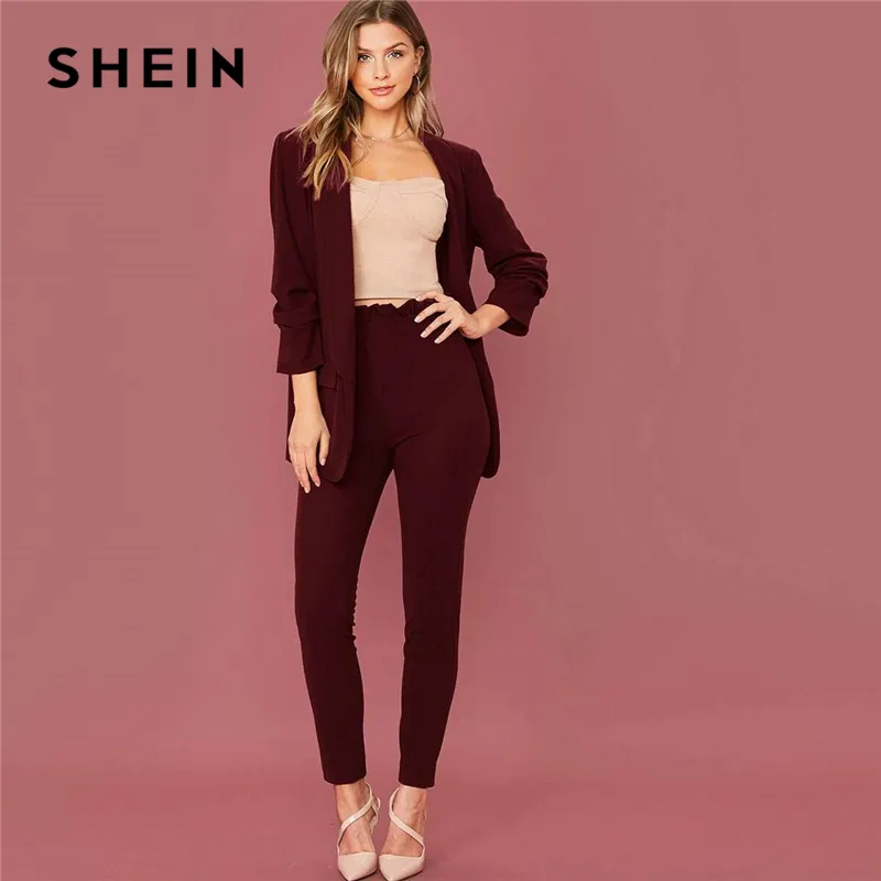 Conjuntos Shein Burgundy gola Sólidos Blazer e Paperbag cintura Pants Suit  Set Mulheres Spring Senhora elegante do escritório duas peças