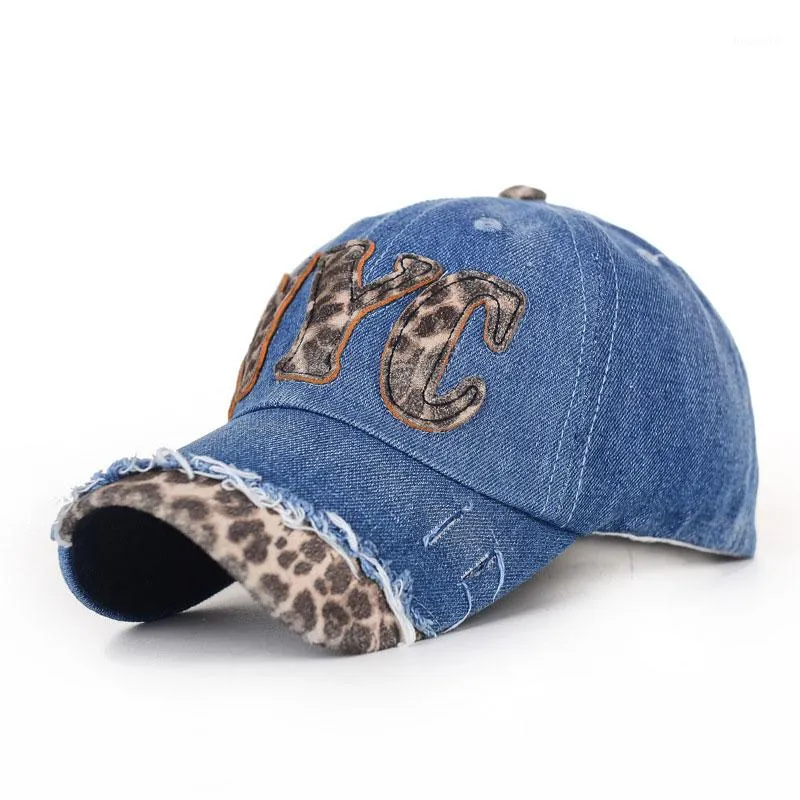 Fashion Leopard Words Pattern Stitch Design Blue Denim Hats Adjustable Baseball Caps for Women cap hat1