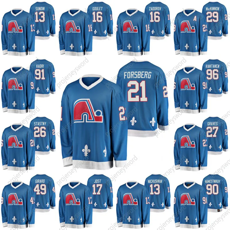 Nordiques de Québec Peter Forsberg Vintage Heritage Jersey Nikita Zadorov Samuel Girard Mikko Rantanen Peter Stastny Nazem Kadri Chandails de hockey