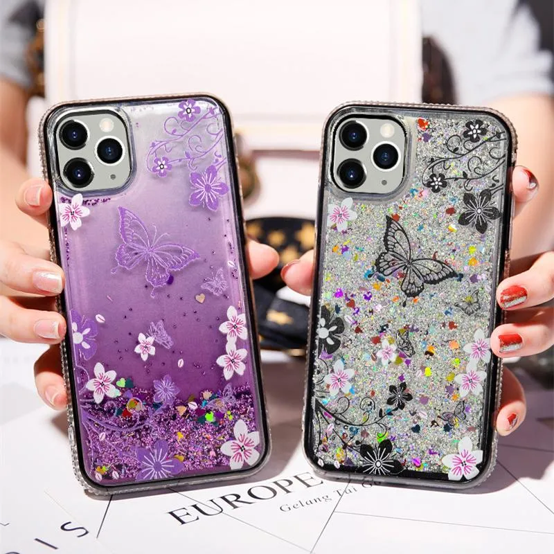 Newet Bling Liquid Quicksand Diamant Téléphone étui pour iphone 12 Mini 11 Pro max XS XR X 7 8 PLUS SE 2020 Mode Fleurs Papillon Housse