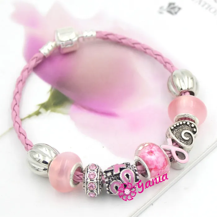 6PCS Newest Breast Cancer Awareness Jewelry, European Bead Pink Ribbon Style Breast Cancer Awareness Bracelet for Cancer Center Y200730
