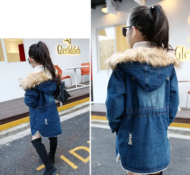 Kids Designer Clothes Girls Winter Denim Jacket Plus Velvet Children Coats Fur Girl Hooded Jackets Winter Outerwear Kids Clothing DW4730