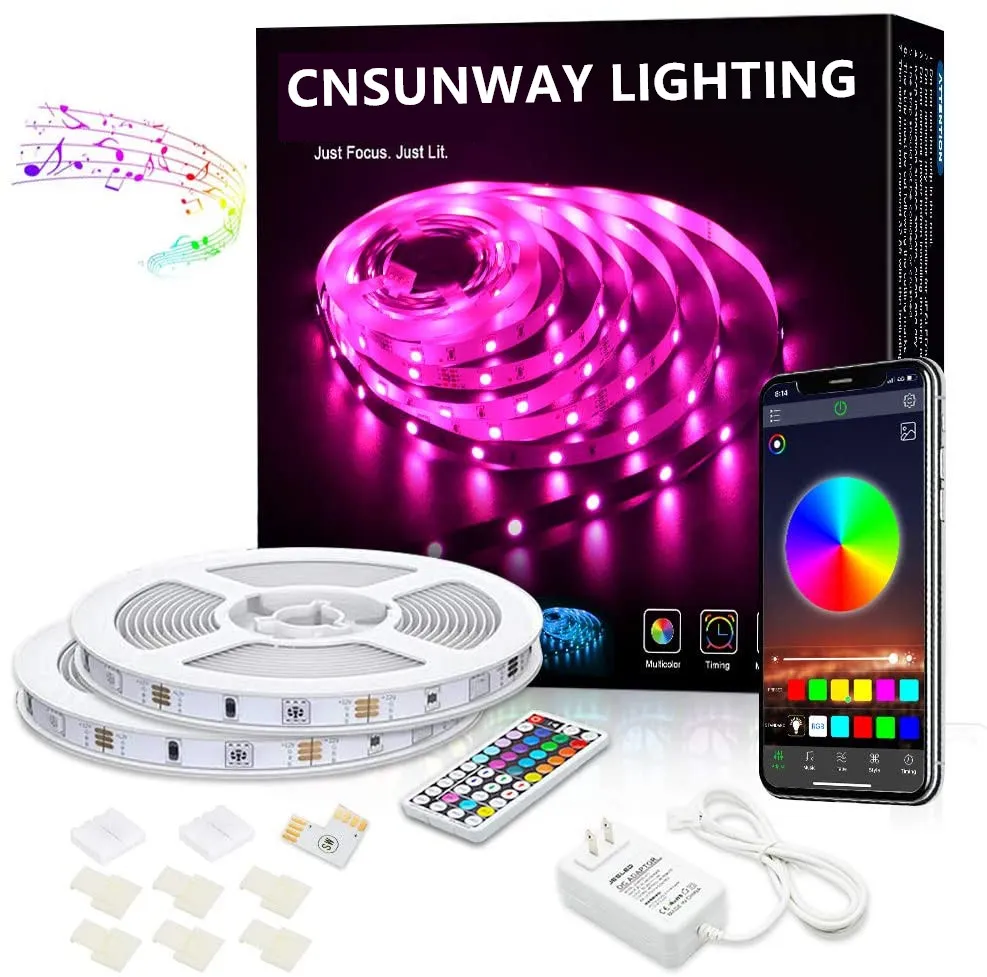 5050 RGB-WLAN-Controller-LED-Streifenlicht, 5 m flexibles Neonband, 44-Tasten-RF-Fernbedienung, Bluetooth-Musiksteuerung, US-Lagerbestände