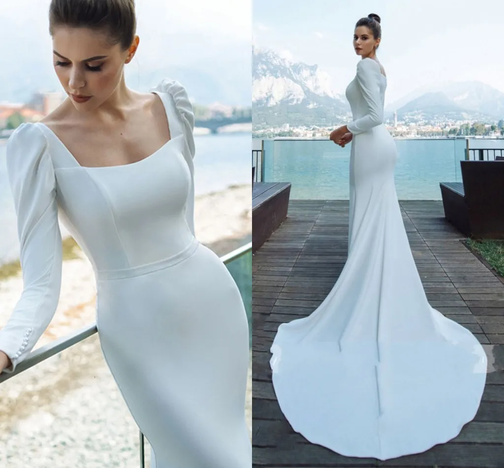 Unique Mermaid Square Neckline Long Sleeves White Satin Wedding Dresses