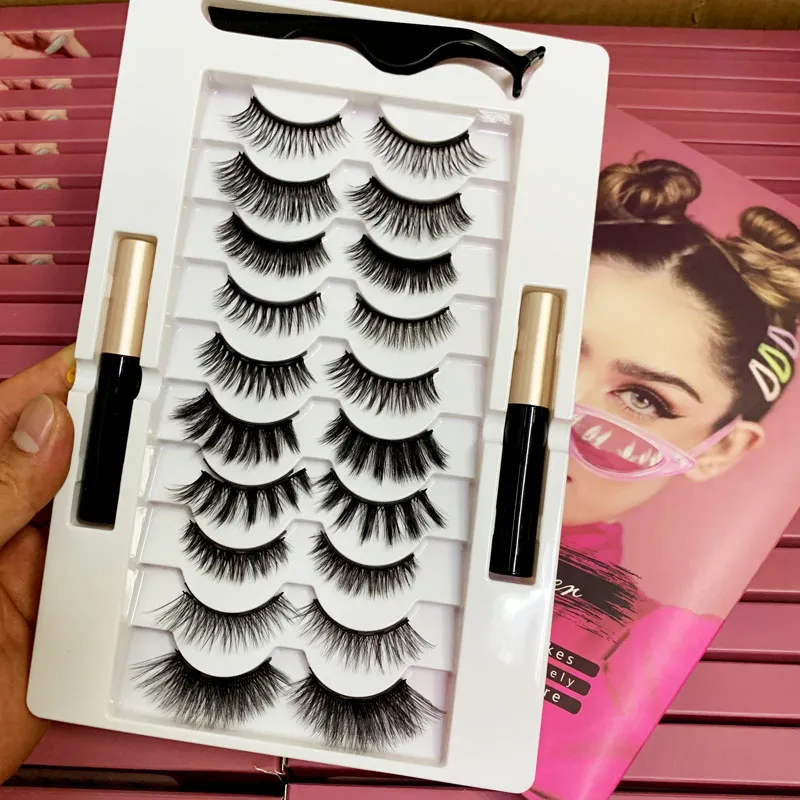طقم الرموش المغناطيسية: 3D 5D Look Natural Lashes False مع كحل وملف (10 أزواج ، بطانة سائلة ، لا غراء)