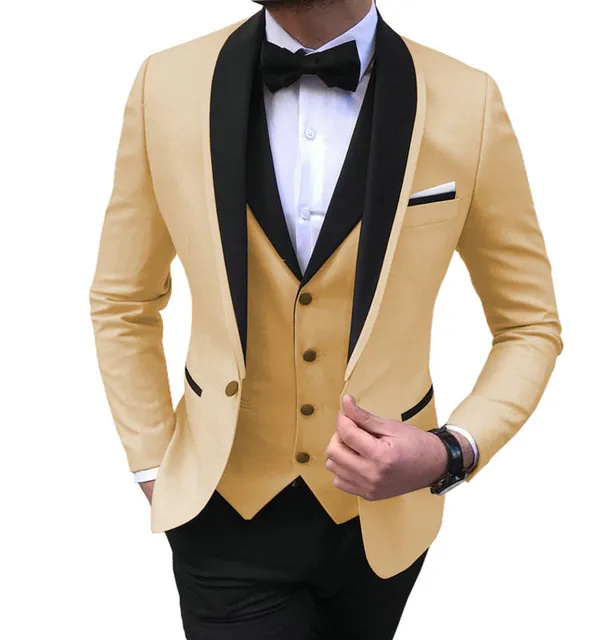 Champagne Mens Suits 3 Piece Black Shawl Lapel Casual Tuxedos For Wedding Groomsmen Suits Men (Blazer+Vest+Pant)