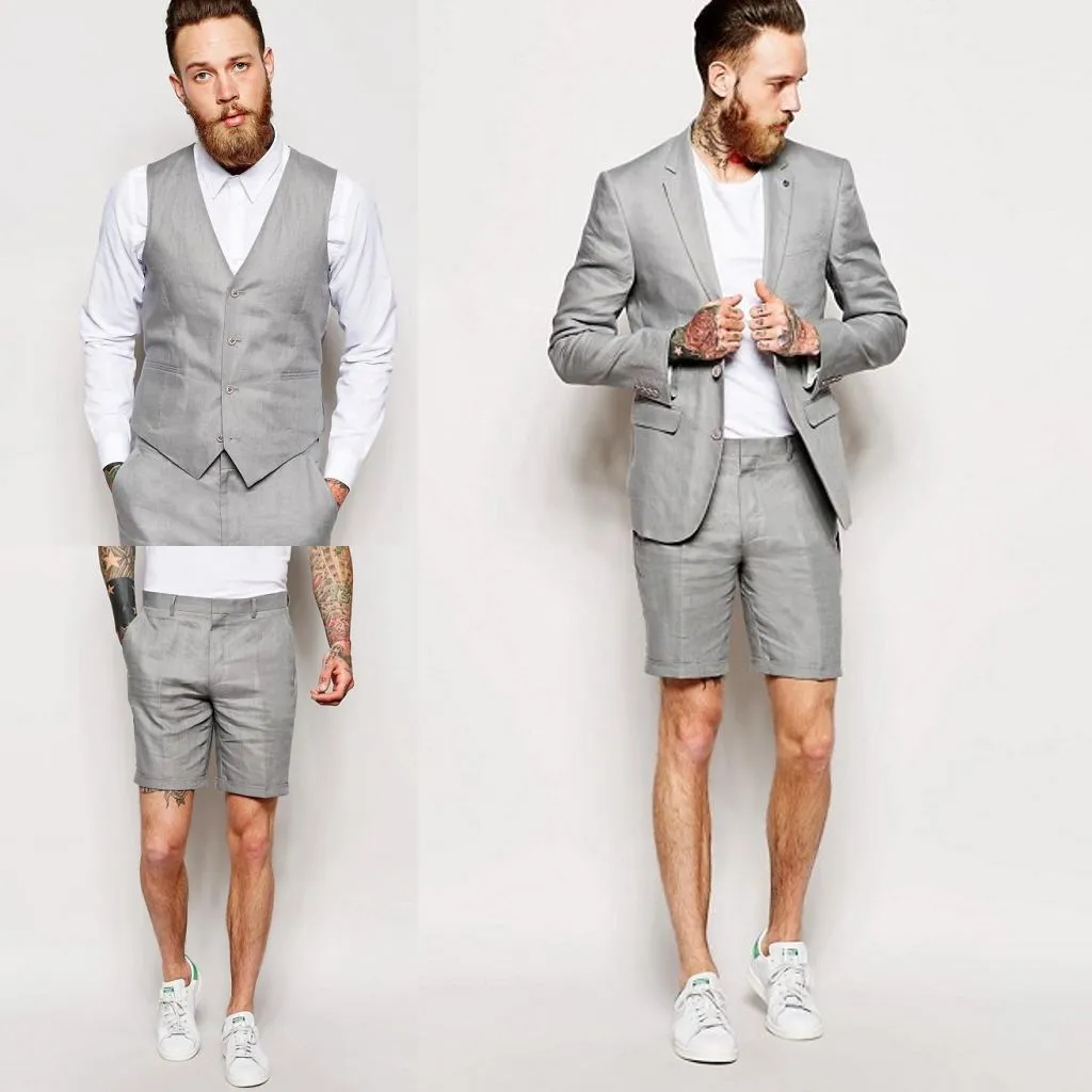 Mens Gray Short Suit 3 Piece Tuxedo Custom Made Notched Lapel Wedding Suit Polyester Classic Fit Two Button 2024