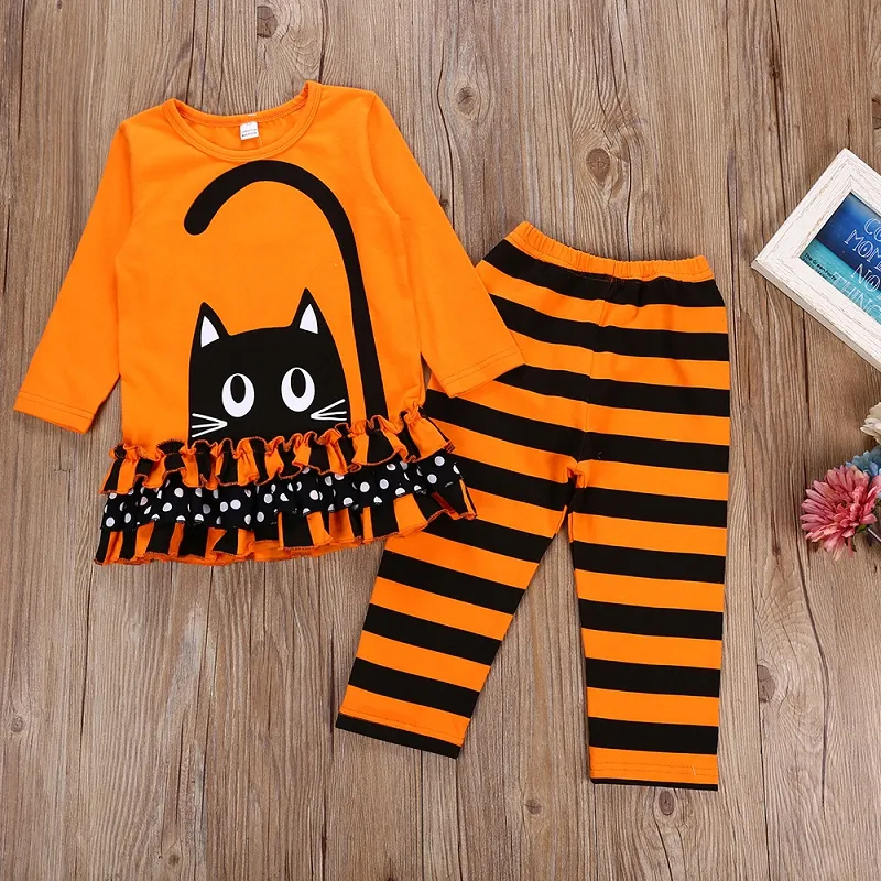 Halloween Nowe Dzieci Cothing Zestawy Z Długim Rękawem Cartoon Cat Top + Paski Spodnie 2 sztuk / Zestaw Mody Jesień Ubrania Baby Stroje M2396